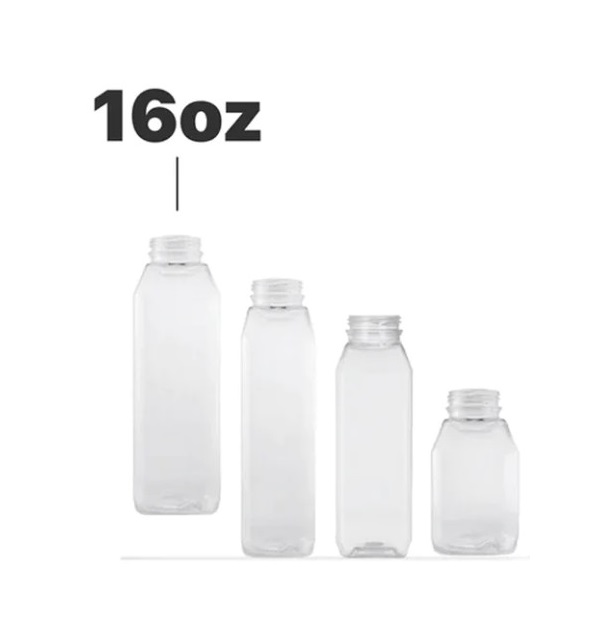 Jersey Bottle Plastic Juice Bottle, PET16WH, Square PET, 16 oz